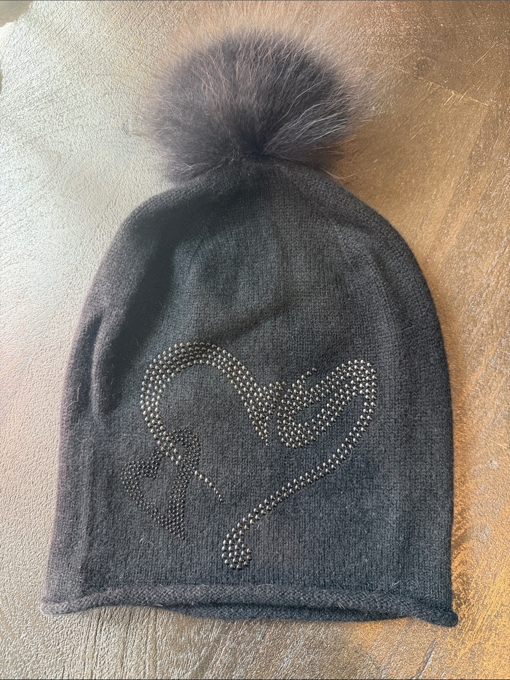 Adult Black Pom Pom Beanie with Heart Stud Detail